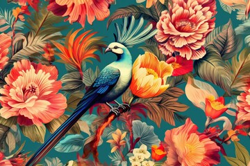 Exotic tropical aesthetic pattern with macaws and flowers in bright colors and lush vegetation, generative AI