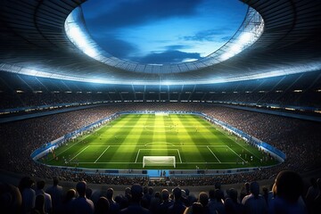 Fototapeta na wymiar Huge stadium, illuminated by spotlights, perfect for backgrounds, generative AI