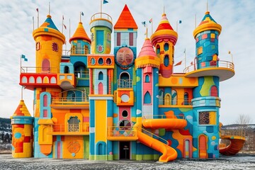 Impressive colorful playground with castle and slide, generative ai