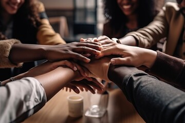 Teamwork, a happy diverse work team joining hands, generative ai