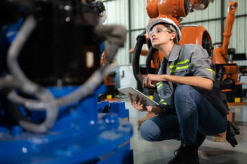 A female engineer installs a program on a robotics arm in a robot warehouse. And test the operation before sending the machine to the customer.