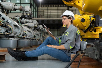 A female engineer installs a program on a robotics arm in a robot warehouse. And test the operation before sending the machine to the customer.