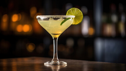 Margarita Cocktail with Lime in Glass on a Bar Counter, classic refreshing bar drink with tequila, lime juice, and triple sec. Closeup On Dark on a Wooden Table With Copy Space. Generative AI