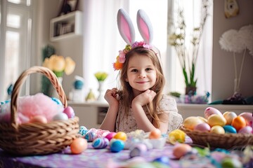 Smiling little girl enjoying Easter holidays, painted, decorated eggs and bunny ears. Ai generative.