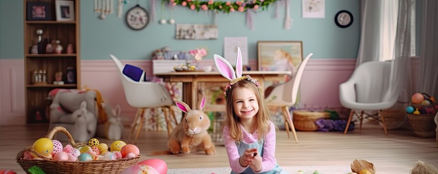 Banner smiling little girl enjoying Easter holidays, painted, decorated eggs and bunny ears. Ai generative.
