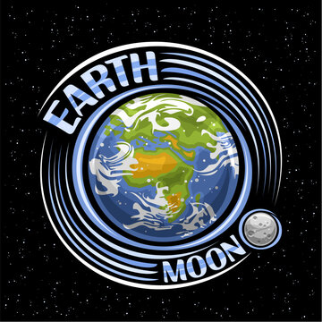 Vector logo for Earth and Moon, fantasy print with planet earth with rotating stone satellite, planet surface with continents and seas, unique brush letters for text earth and moon on black background