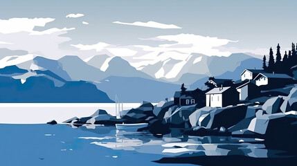 A painting of a boat on a body of water with mountains in the background. Generative AI. Norway winterscape