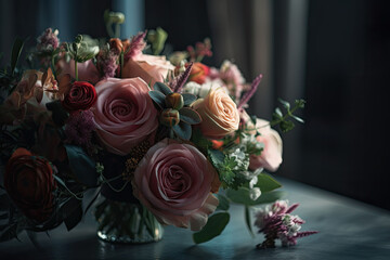 Obraz premium Rich bunch of peonies, eustoma, roses flowers, green leaf. Fresh bouquet closeup. Generative AI