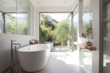 Modern bathroom with big windows and an oval tub. Generative AI