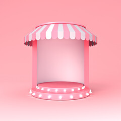 Blank exhibition booth stage podium or blank display store shop stand with pink striped dome awning and retro neon light bulbs isolated on pink pastel color background minimal conceptual 3D rendering