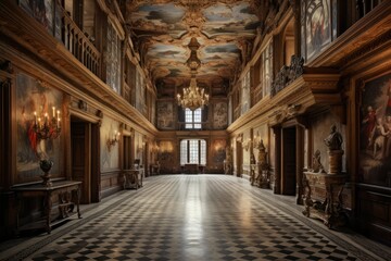 Fototapeta na wymiar Grand hall was adorned with tapestries and suits of armor. A testament to the wealth and power of the castle's inhabitants. Generative AI
