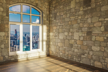 empty urban appartment with skyline view and brigth sunlight trough arched window; modern architecture design; 3D Illustration