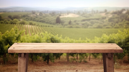 Wooden floor with blurred french vineyard background. Generative AI