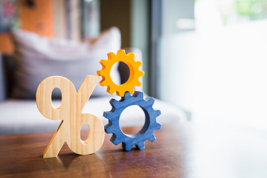 Percentage model and gear model with evening sky Key concepts for success, methods, systems of raising or lowering Fed interest rates to correct inflation concepts.