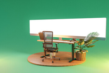 single isolated computer workspace on wooden podium with giant widescreen monitor; freelance and home office concept; 3D Illustration