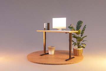 single isolated computer workspace on wooden podium with standing desk; freelance and home office concept; 3D Illustration