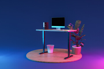 single isolated computer workspace on wooden podium with standing desk; freelance and home office concept; 3D Illustration
