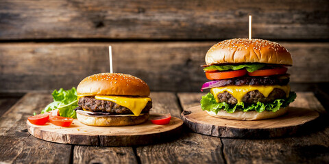 Two juicy cheeseburgers close-up on a wooden table on a kitchen board against a background of a blurred rustic restaurant with dim lighting. Generative AI. - obrazy, fototapety, plakaty