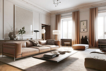 Naklejka na ściany i meble Elegant interior design of modern living room with brown leather sofa. Created with generative AI