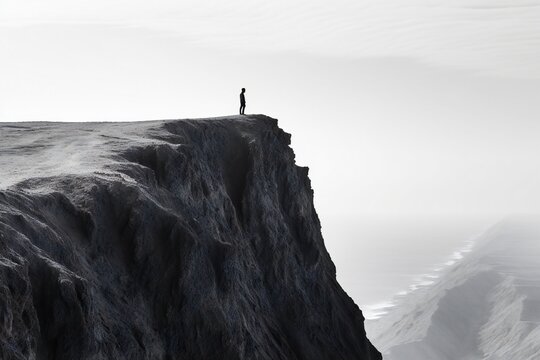 AI Generative. A monochrome image of a person on a cliff, symbolizing strength in facing mental health challenges. Minimalist photography.
