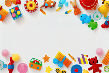 Baby kids toy banner background. Colorful educational toys on white background. Generative Ai - obrazy, fototapety, plakaty