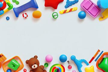 Fototapeta na wymiar Baby kids toy banner background. Colorful educational toys on white background. Generative Ai