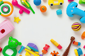 Baby kids toy banner background. Colorful educational toys on white background. Generative Ai