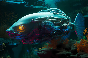 Obraz na płótnie Canvas Robotic Fish Coexisting with Vibrant Coral Reef Life (generative AI)