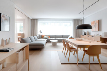 Cozy apartment with natural wooden furniture. Interior design of modern scandinavian living room. Created with generative AI - obrazy, fototapety, plakaty