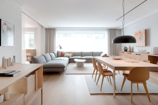 Fototapeta Cozy apartment with natural wooden furniture. Interior design of modern scandinavian living room. Created with generative AI