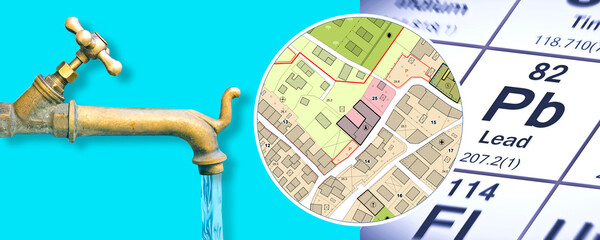 Presence of lead in drinking water - concept with the Mendeleev periodic table, old water brass faucet and imaginary city map