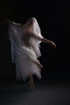 Professional ballerina dancing ballet.Ballerina in a white dress and pointe shoes. Dark background. Veil. Scene. Performance