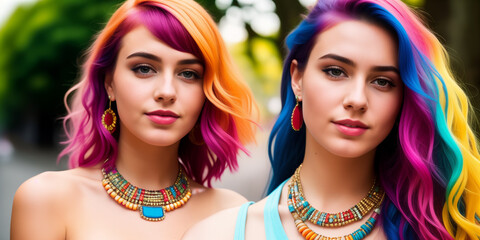 Obraz premium Young cute beautiful girl close-up with bright wavy or curly rainbow multicolored hair and necklace on color background. Generative AI.