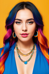 Young cute beautiful girl close-up with bright rainbow multicolored hair and necklace on color background. Generative AI.