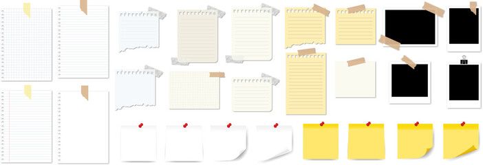 Paper notes, notebook pages, stickers and photo card frame. Paper notes and Retro vintage photograph with transparent adhesive tape and paper clip. PNG image