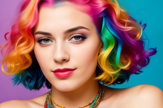 Young cute beautiful girl close-up with bright wavy or curly rainbow multicolored hair and necklace on color background. Generative AI.