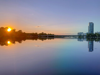Dramatic colorful sunset over Dnipro river in Kiev, Ukraine. His