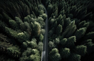 Top view of green forest landscape wallpaper art. Aerial nature scene of pine trees and asphalt road banner design. Countryside path trough coniferous wood form above. Generative Ai.