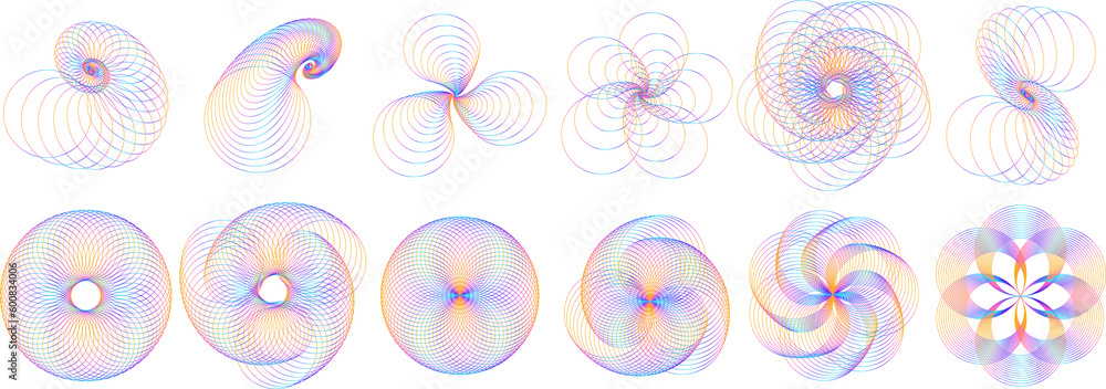 Poster set of abstract design elements. abstract glow wavy stripes. circle in spiral with lines as icon, lo