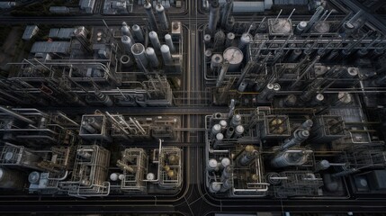 Fototapeta premium Aerial top view oil and gas refinery background, Business petrochemical industrial, Refinery oil and gas factory power and fuel energy, Ecosystem and healthy environment concepts. Generative Ai.