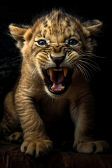 Plakat Young ferocious lion cub roaring on black background. Generative AI. 