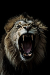 A lion is roaring in full force with his mouth opened. Generative Ai. 
