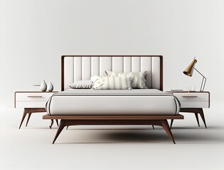 White mid century modern double bed and nightstands isolated on a white background with shadow. Generative ai bedroom furniture design