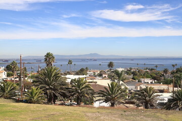 Docklands View.  The view from Angel's Gate Park, in the San Pedro neighbourhood of Los Angeles, across the Los Angeles dockland area towards Long Beach.