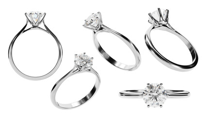 3D PNG silver Wedding diamond Ring set isolated on white background.