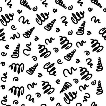 Pattern with black squiggles on white background. Vector seamless background with abstract swirls.