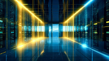 A data center with a long corridor and shiny lights, data storage, server room. Generative Ai. 