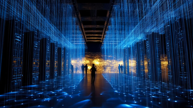 A data center with a long corridor and shiny lights, data storage, server room. Generative Ai. 
