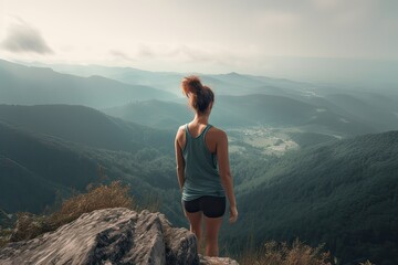 Naklejka premium view from behind fitness girl standing on top of the mountain. woman in sportswear standing on the mountain. Generative Ai.