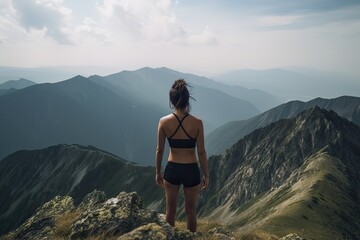 Obraz premium view from behind fitness girl standing on top of the mountain. woman in sportswear standing on the mountain. Generative Ai.